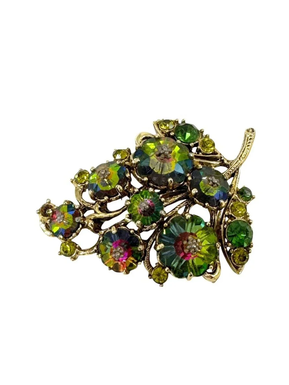 Weiss Brooch Pin Green Aurora Borealis AB Rhinestone & Margarite Crystal Vintage